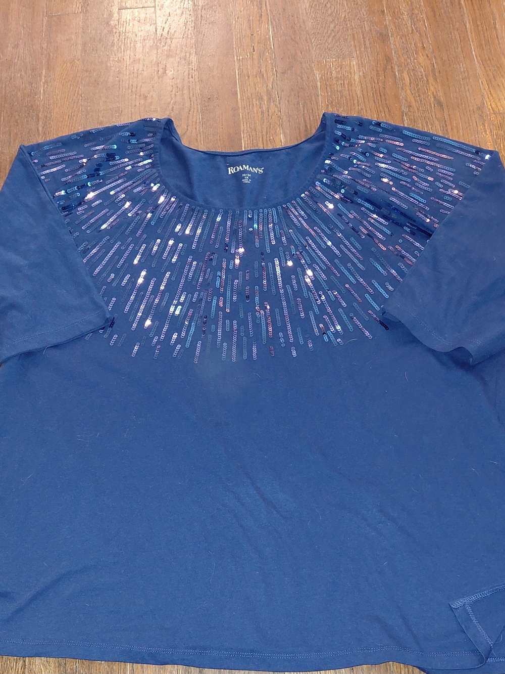 Roaman's Blue Sequin Scoop Neck Women's Top